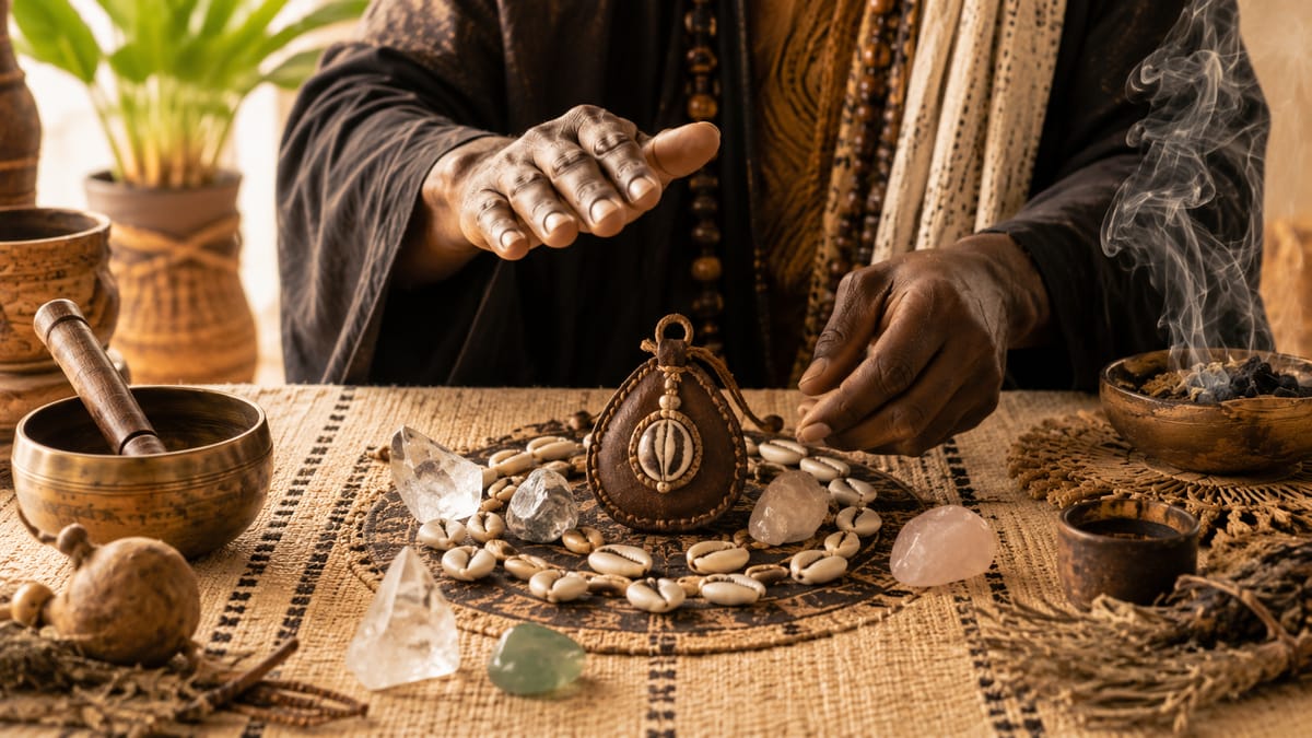 La main du praticien au-dessus d'une amulette, dans le cercle de cauris