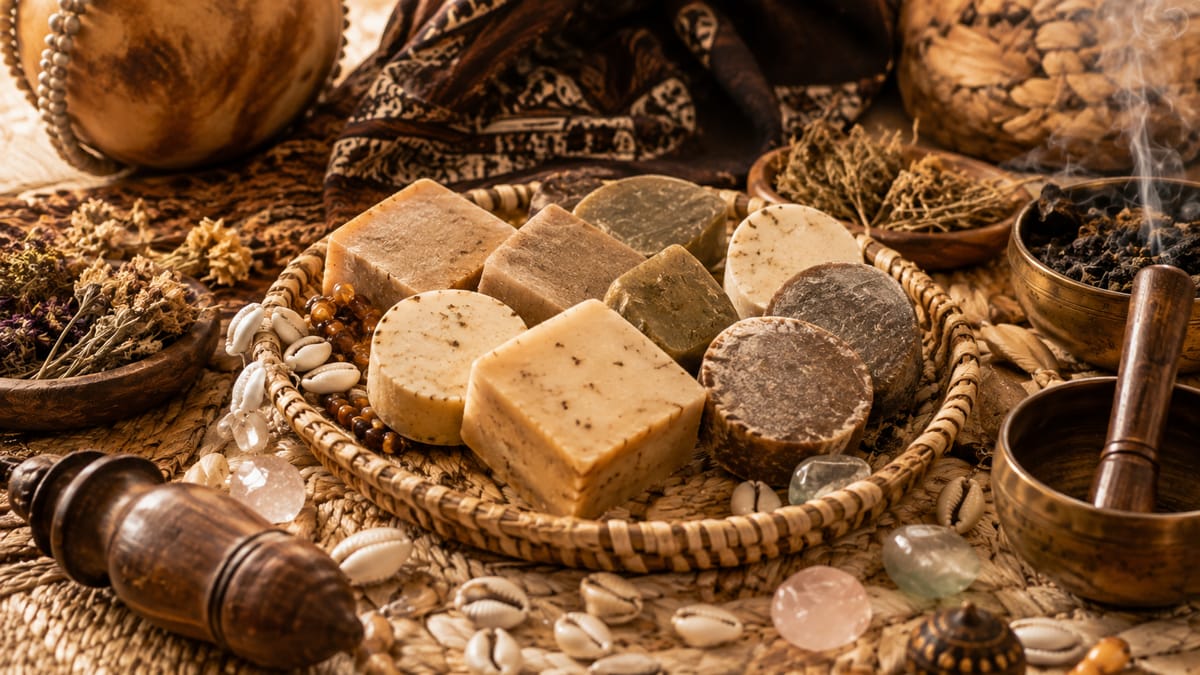 Savons et préparations traditionnelles du guérisseur, herbes et cauris