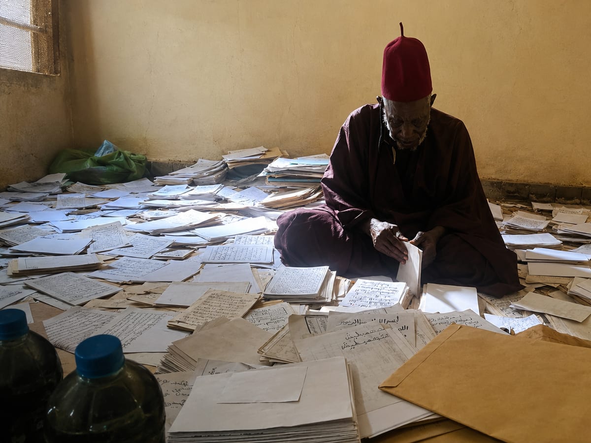 Le marabout Saraba au travail, assis au milieu de ses manuscrits et écrits traditionnels